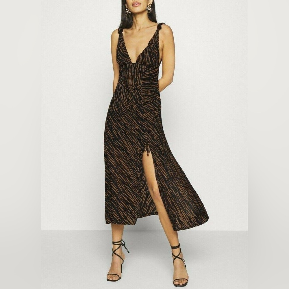 Free People Women’s Dress Zahara Onyx Combo Stripes V-Neck Front Slit Midi Sz M